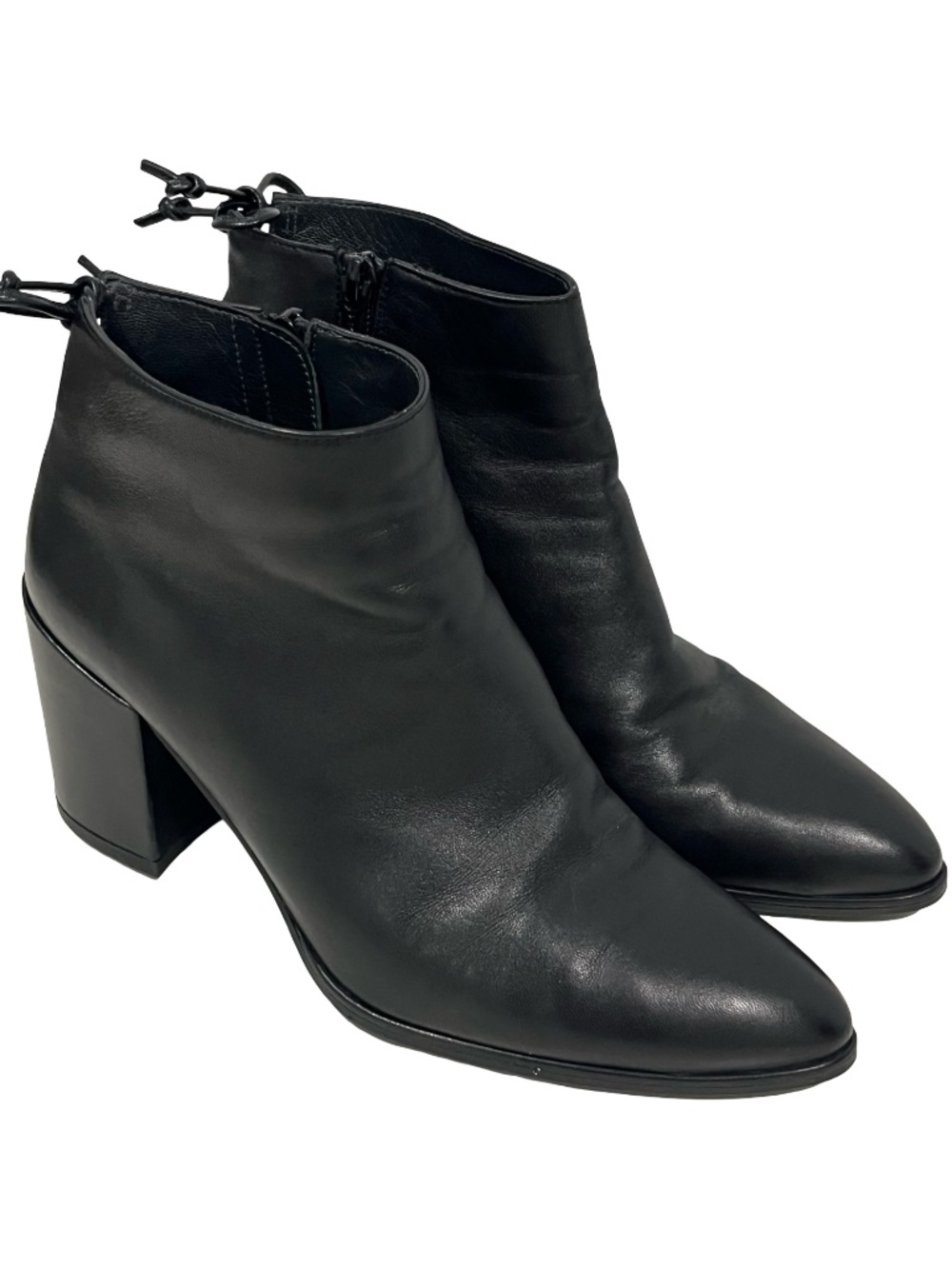Stuart Weitzman Tieback Block Heel Bootie BLACK LEATHER 7.5 Women Pointed Toe